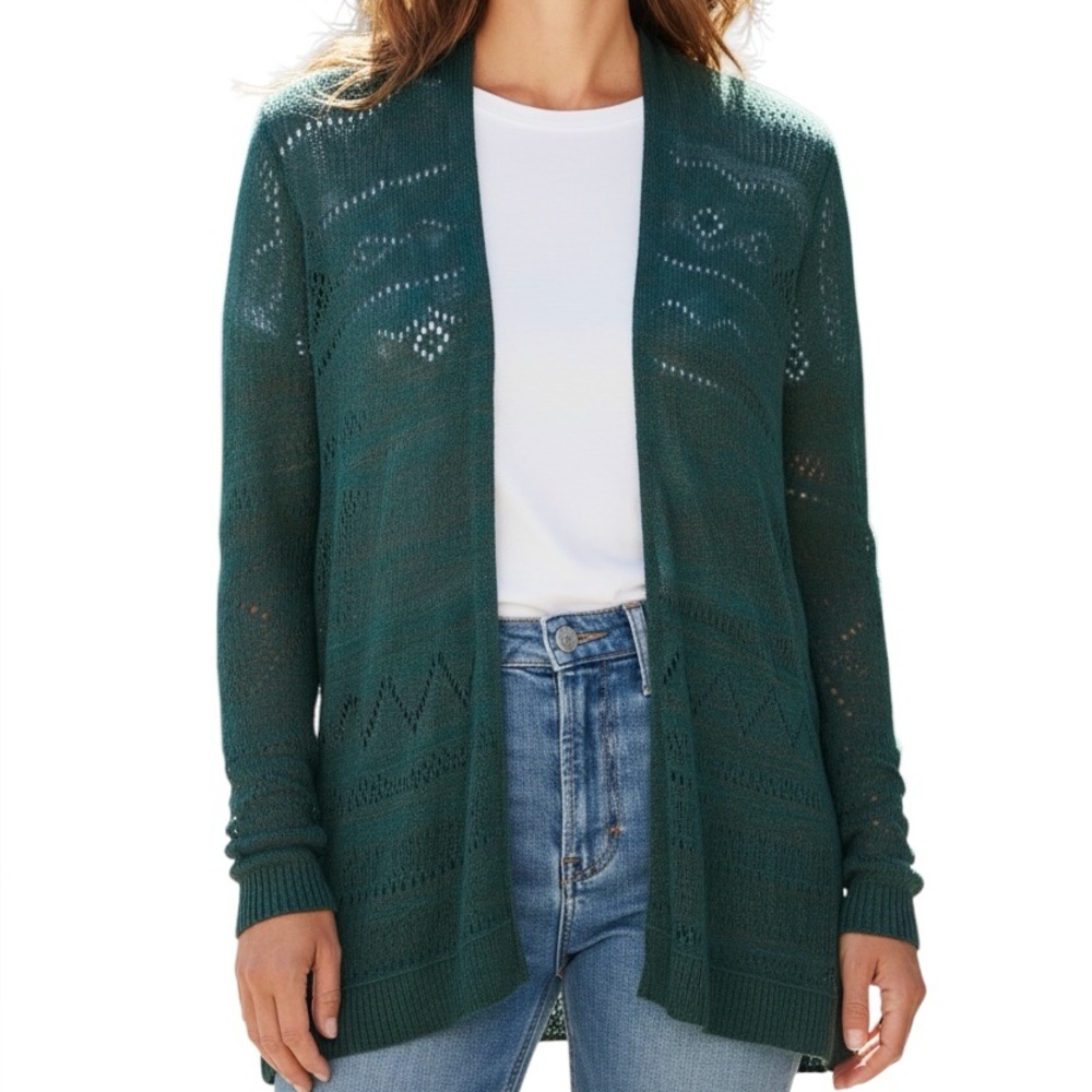 Sparrow Anthropologie Green Linen Blend Pointelle Crochet Open Cardigan Sweater